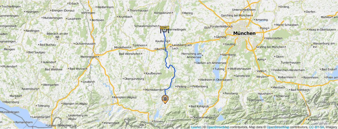 Kartendarstellung der 1. Etappe: Von Untermeitingen nach Lechbruck am See.