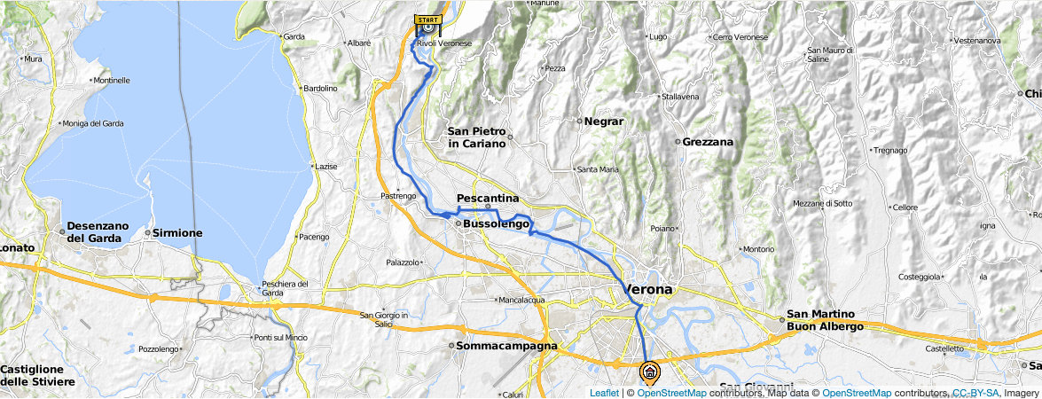 Kartendarstellung der 10. Etappe: Von Rivalta nach Verona.