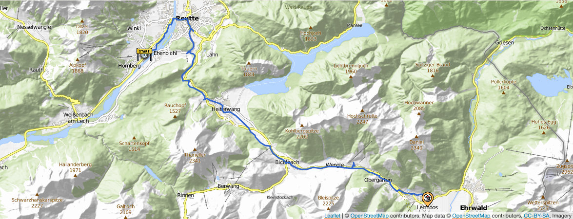 Kartendarstellung der 3. Etappe: Von Reutte nach Ehrwald.