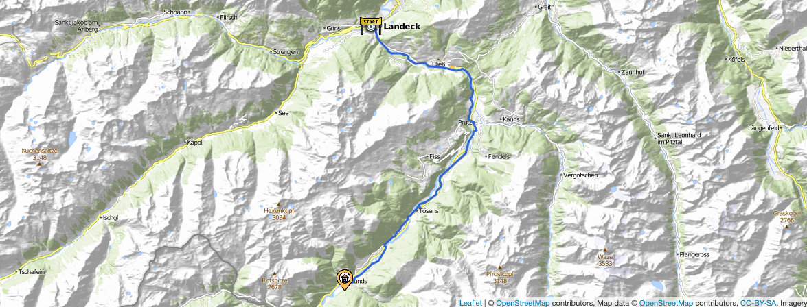 Kartendarstellung der 5. Etappe: Von Landeck nach Pfunds.