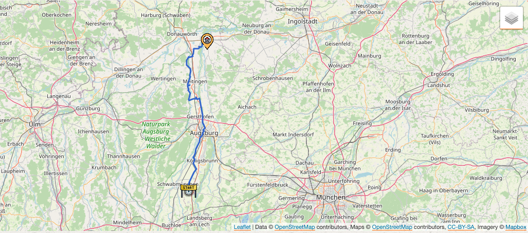 Kartendarstellung der 1. Etappe: Von Untermeitingen nach Rain am Lech