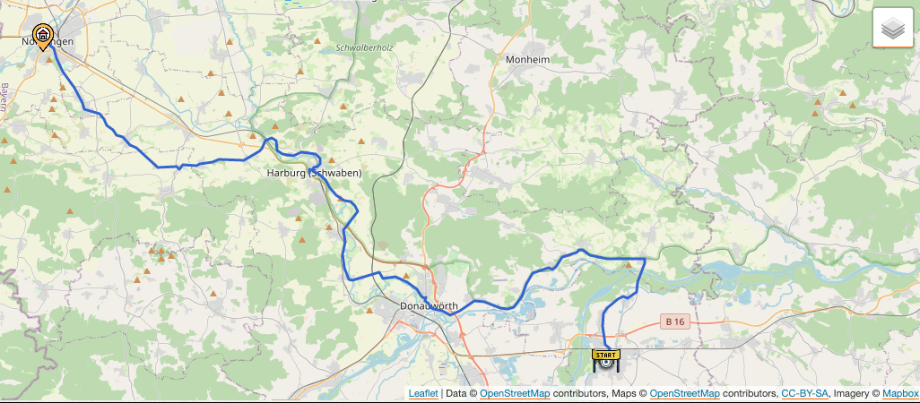 Kartendarstellung der 2. Etappe: Von Rain am Lech nach Nördlingen.