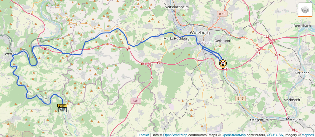 Kartendarstellung der 06. Etappe: Von Tauberbischofsheim nach Würzburg.
