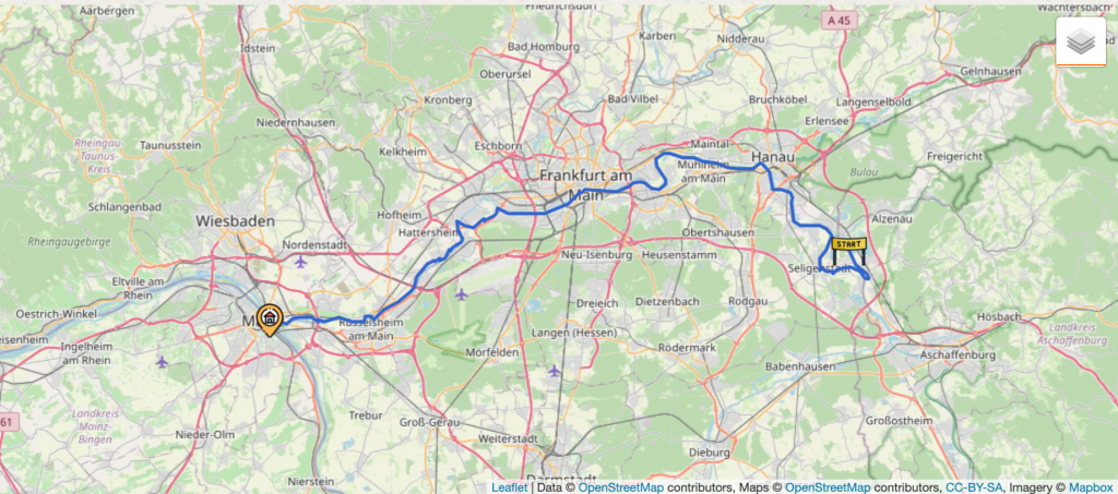 Kartendarstellung der 10. Etappe: Von Seligenstadt nach Mainz.