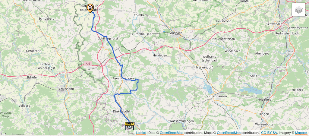Kartendarstellung der 4. Etappe: Von Dinkelsbühl nach Rothenburg ob der Tauber.