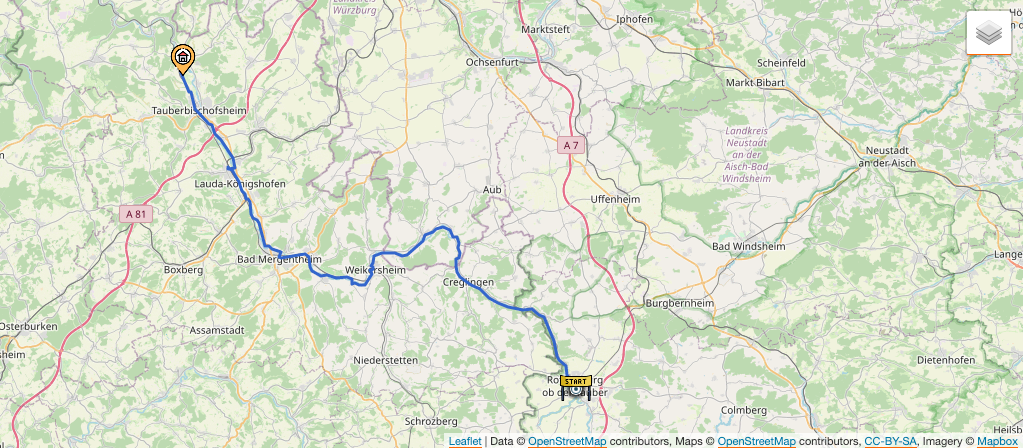 Kartendarstellung der 05. Etappe: Von Rothenburg ob der Tauber nach Tauberbischofsheim