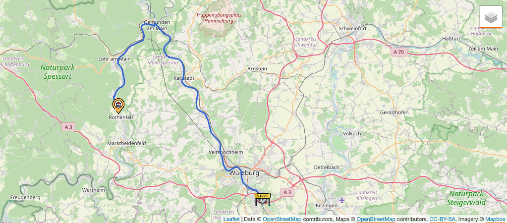 Kartendarstellung der 07. Etappe: Von Würzburg nach Neustadt am Main.