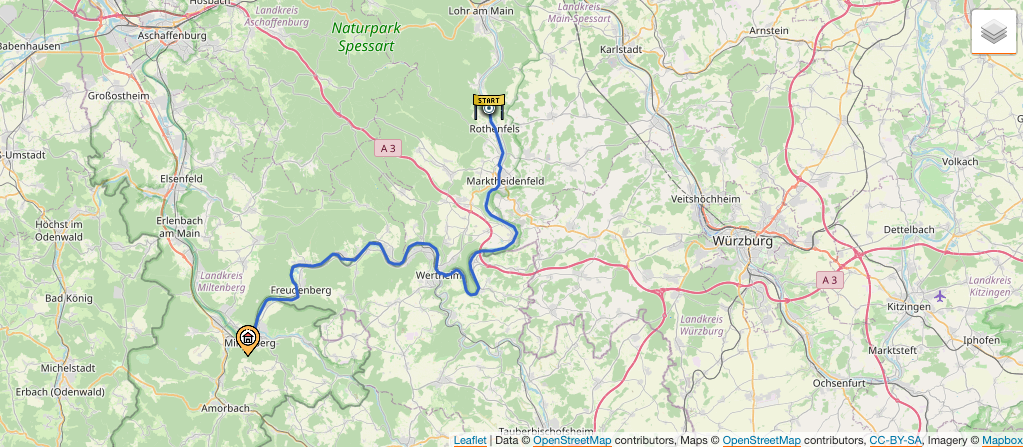 Kartendarstellung der 08. Etappe: Von Neustadt am Main nach Miltenberg.