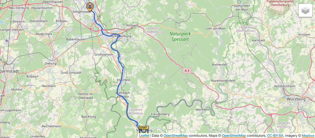 Kartendarstellung der 09. Etappe: Von Miltenberg nach Seligenstadt.
