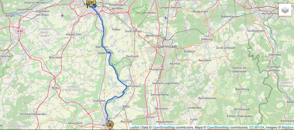 Kartendarstellung der 11. Etappe: Von Mainz nach Worms.