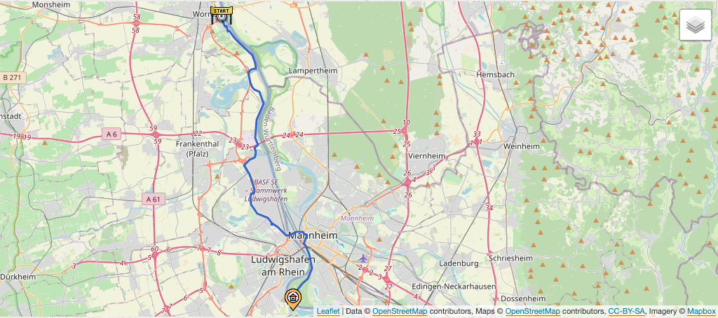 Kartendarstellung der 12. Etappe: Von Worms nach Mannheim.