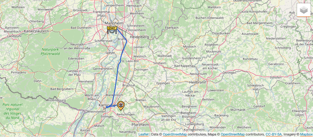 Kartendarstellung der 13. Etappe: Von Mannheim-Neckarau nach Berghausen, Pfinztal.