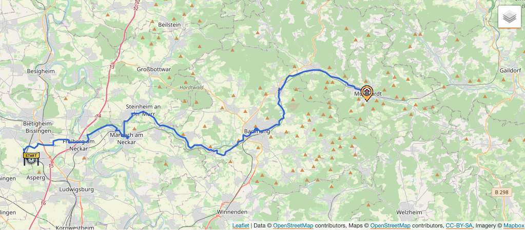 Kartendarstellung der 15. Etappe: Von Tamm nach Murrhardt.