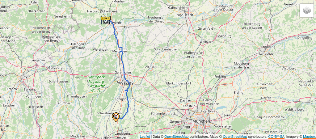 Kartendarstellung der 18. Etappe: Von Donauwörth nach Untermeitingen.