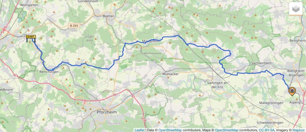 Kartendarstellung der 14. Etappe: Von Berghausen, Pfinztal nach Tamm.